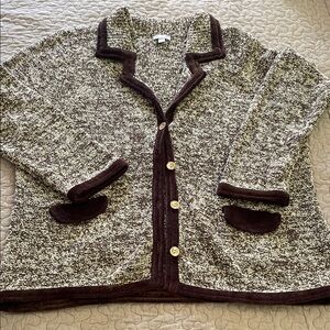 J. Jill Brown and Cream Bouclé Button-Front Cardigan with Dark Trim